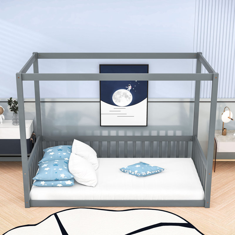 Wooden Canopy Floor Bed With Fence, Gray, Twin