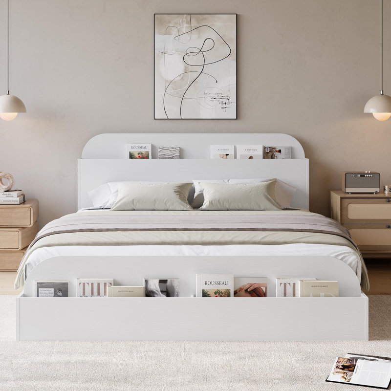 Bed Frame with Storage Headboard and Footboard, Low Platform Bed for Bedroom, No Box Spring Needed, White, White, Queen