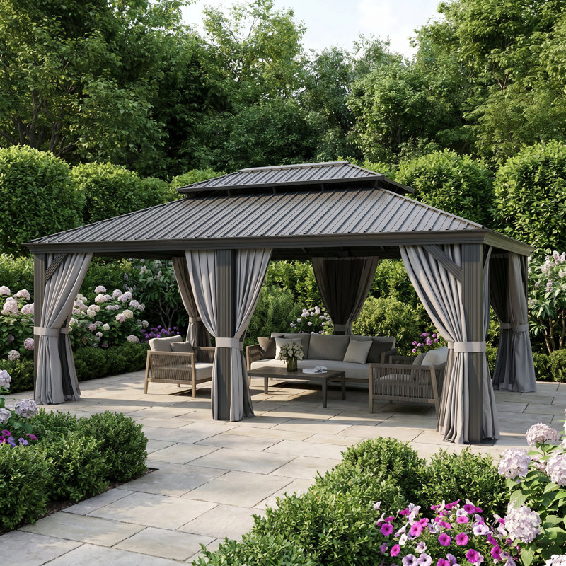 Permanent Hardtop Gazebo Aluminum Gazebo with Galvanized Steel Double Roof, 20 Ft. W x 14 Ft. D