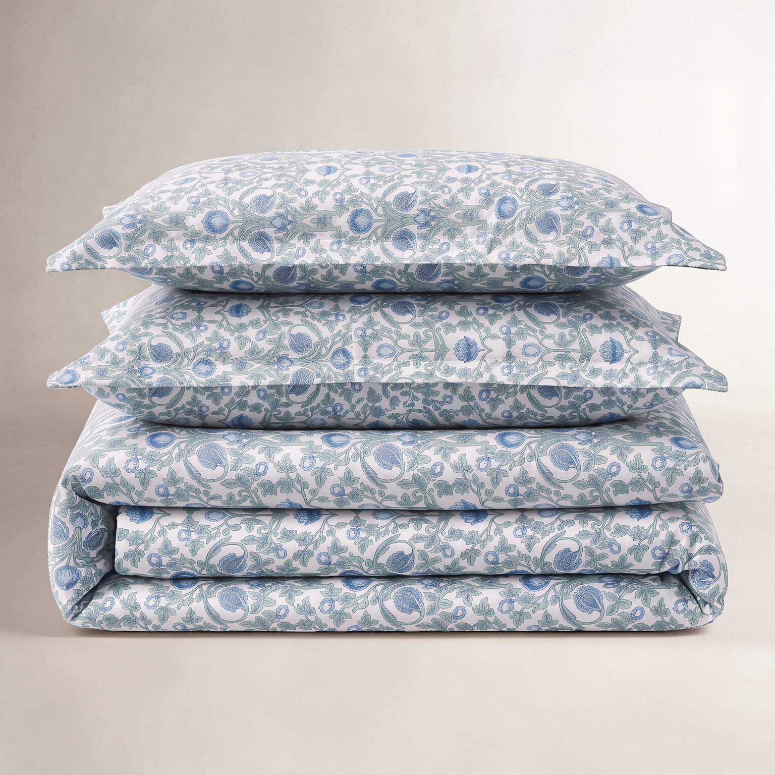 T400 ARTS & CRAFTS FLORAL DUVET SET, Blue, King Duvet Cover + 2 King Shams