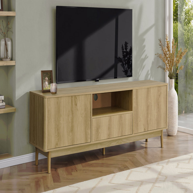 Meuble télé 72 pouces, console Mid-Century en stratifié noyer clair avec tiroir de rangement pour le salon et la chambre à coucher