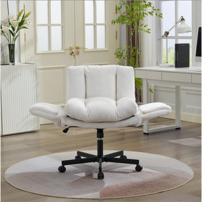 Chaise de bureau pivotante en chenille moderne, chaise de travail réglable en hauteur avec accoudoirs convertibles multi-positions, chaise de bureau double rembourrée confortable pour la maison, le bureau, la coiffeuse et le salon, crème / beige, SW5028BG