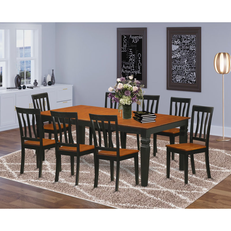 Ensemble de table de salle à manger 9 pièces comprenant une table rectangulaire avec rallonge papillon et 8 chaises en bois, noir et cerisier