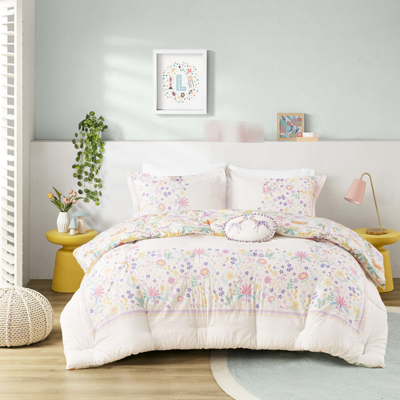 Mauve, simple, 3 pièces, floral réversible, édredon en coton, coussin rond, motif floral mauve à l'épreuve de la bourre, rembourrage lavable à la machine