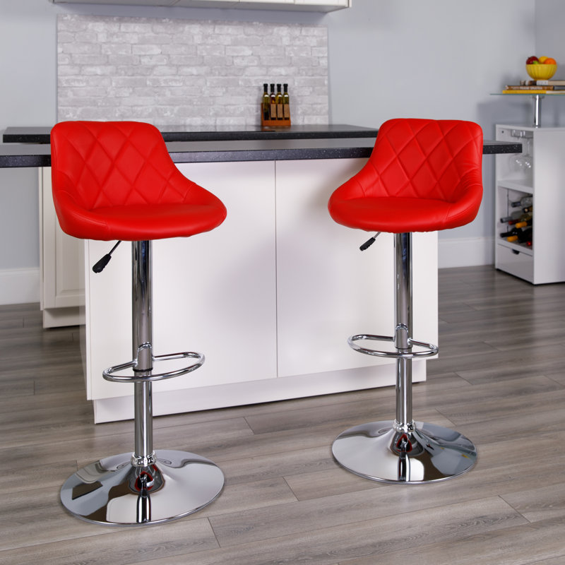 Occoquan Vinyl Bucket Seat Adjustable Height Barstool with Diamond Pattern Back, Red