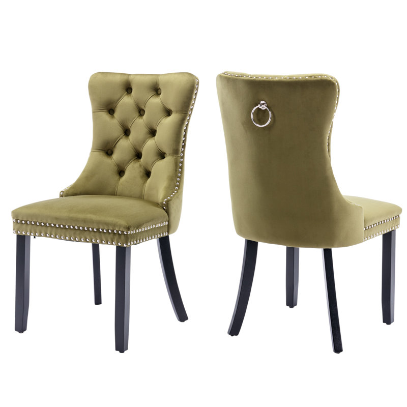 Tufted Velvet Wing Back Side Dining Chairs, Black, Moss Green
