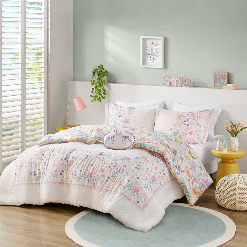 4 PCS Full/Queen Floral Reversible Cotton Comforter Set with Throw Pillow Purple, Full/Queen Sheet Set + 3 Additional Pieces