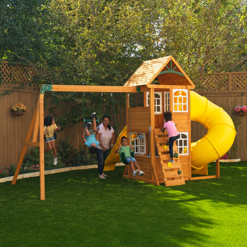 Portique en bois Castlewood, glissoire jaune, Jaune