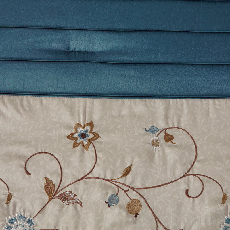 Ensemble d'édredon brodé 7 pièces bleu marine, Motif floral marine, Édredon de grande taille et 6 pièces supplément