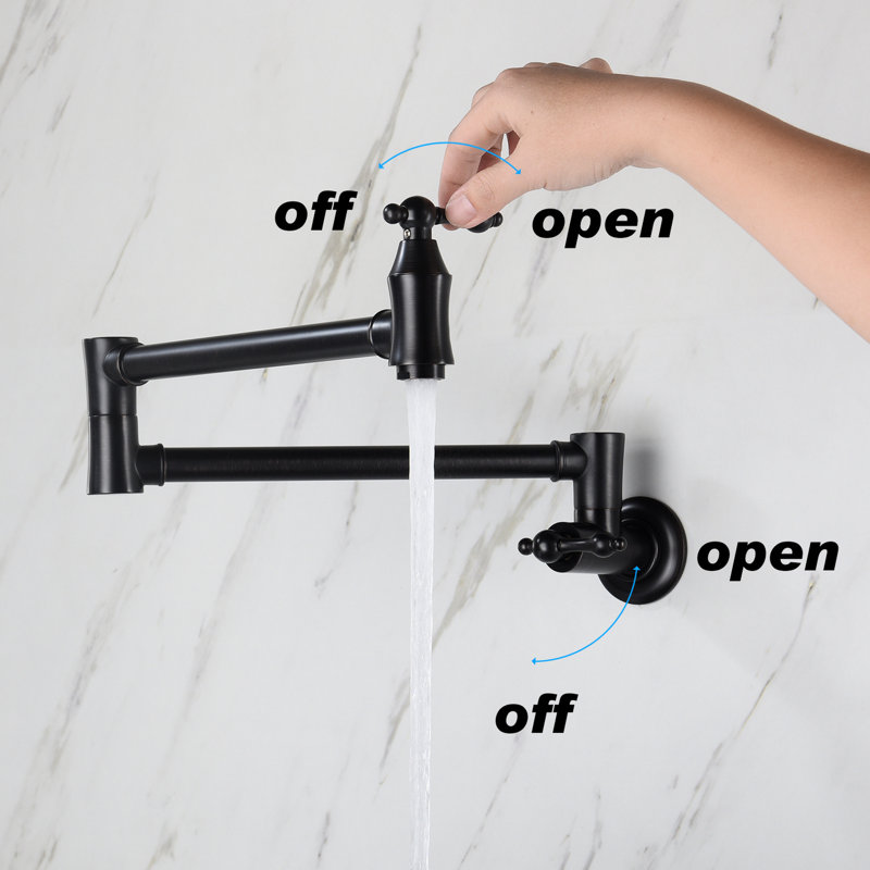 Matte Black Wall Mounted Pot Filler Faucet, Folding Design, 360 Swivel, Brass, Corrosion Surface, Double Handles Faucet Mount, Rotation, For Steady Water Output