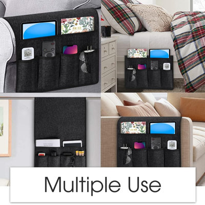Remote Control Holder Armchair Caddy Armrest Organizer Black | with 6 Pocket Storage, Non Slip, for Recliner Couch Sofa Arm Chair Caddie, for Magazine, Tablet Kindle, Phone