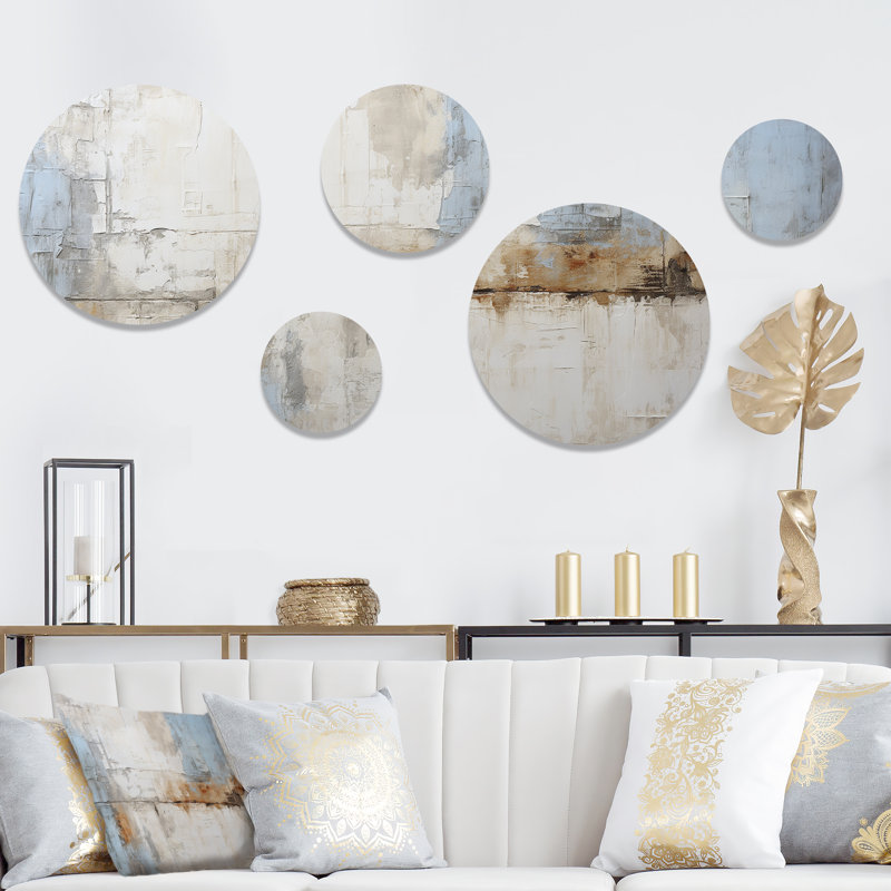 «Tachisme Drift» gris et bleu - ensemble d'art mural rond tachisme de 5