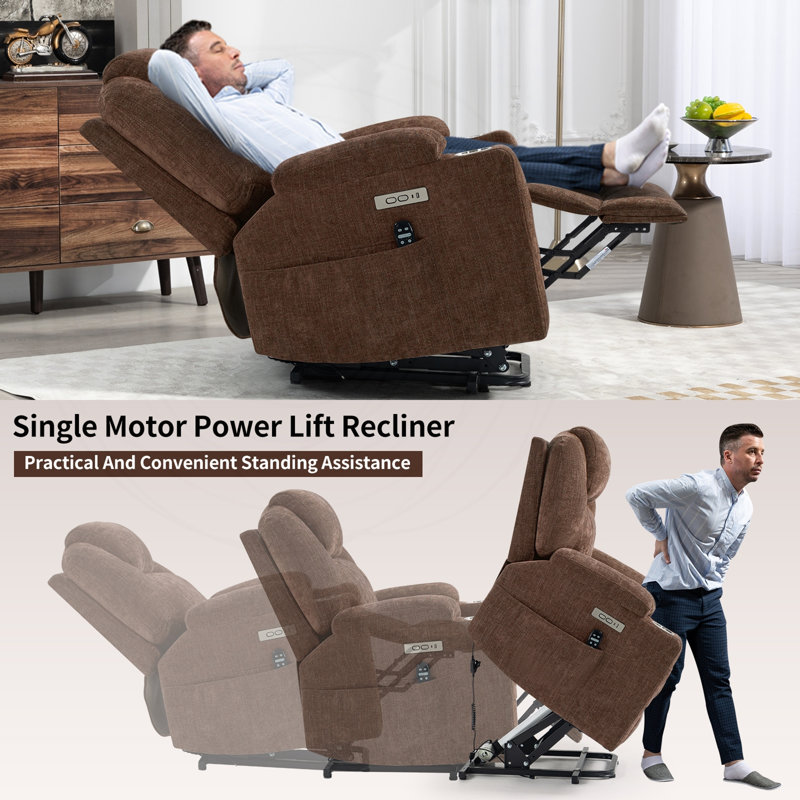 Fauteuil inclinable électrique avec massage, chaleur, ports USB et porte-gobelets, Chenille brun
