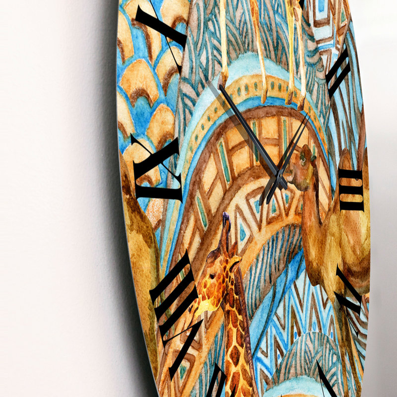 Girafe et caméléon sur une géométrie africaine - Horloge murale à motifs, Petit