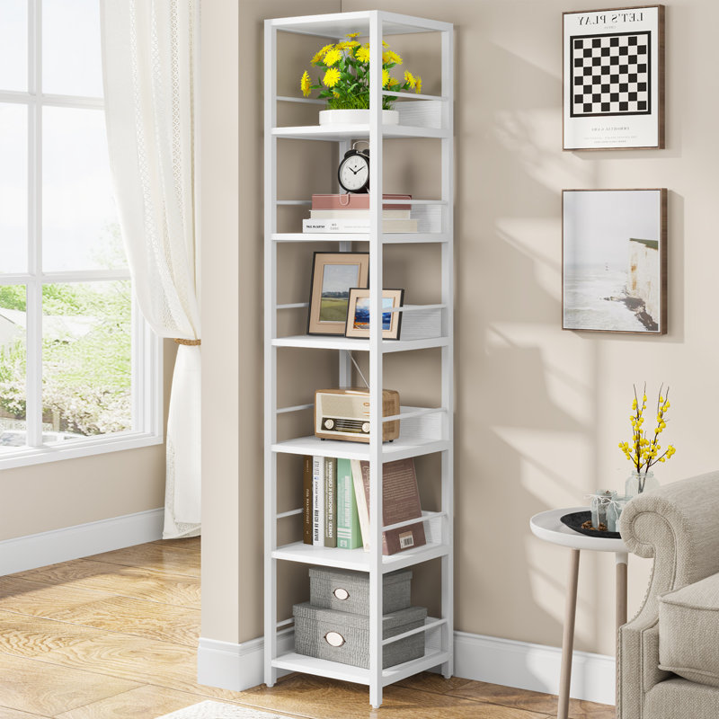 74.8" H x 13.39" W Wooden and Metal Stainless Steel Etagere Bookcase, (6 Shelves) 74.8" H x 13.39" W x 13.39" D, White
