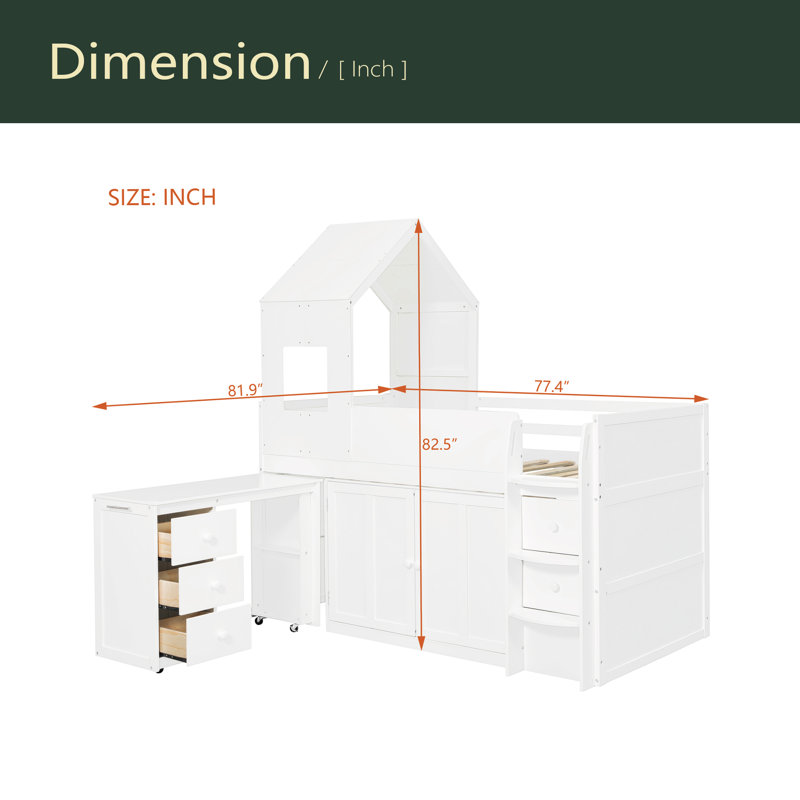 Lit mezzanine simple en bois avec bureau, tiroirs, armoires, Blanc