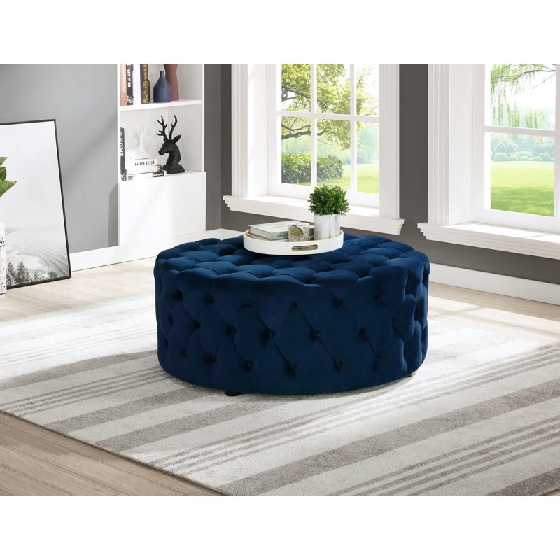 Gilbert Navy Blue Velvet Tufted Round Ottoman