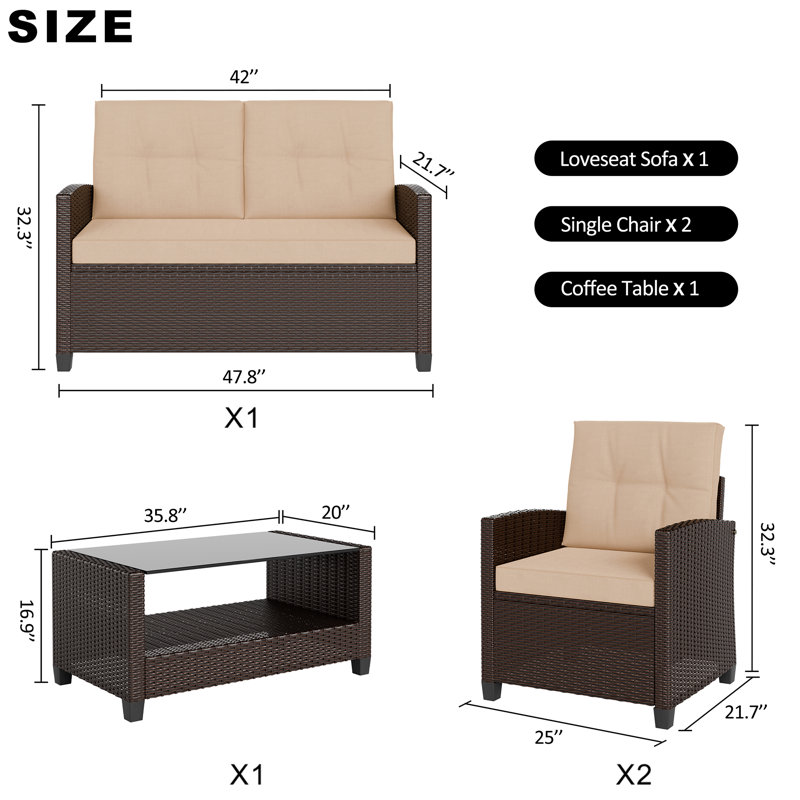  Amei 4 - Person Patio Conversation Sets With Cushions, Brown Cushion/Brown Frame