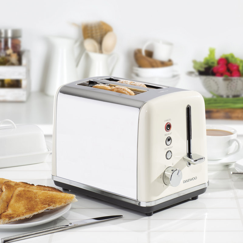 Daewoo Kensington 2 Slice Toaster Stainless Steel 810W With Multi-Function, Cream