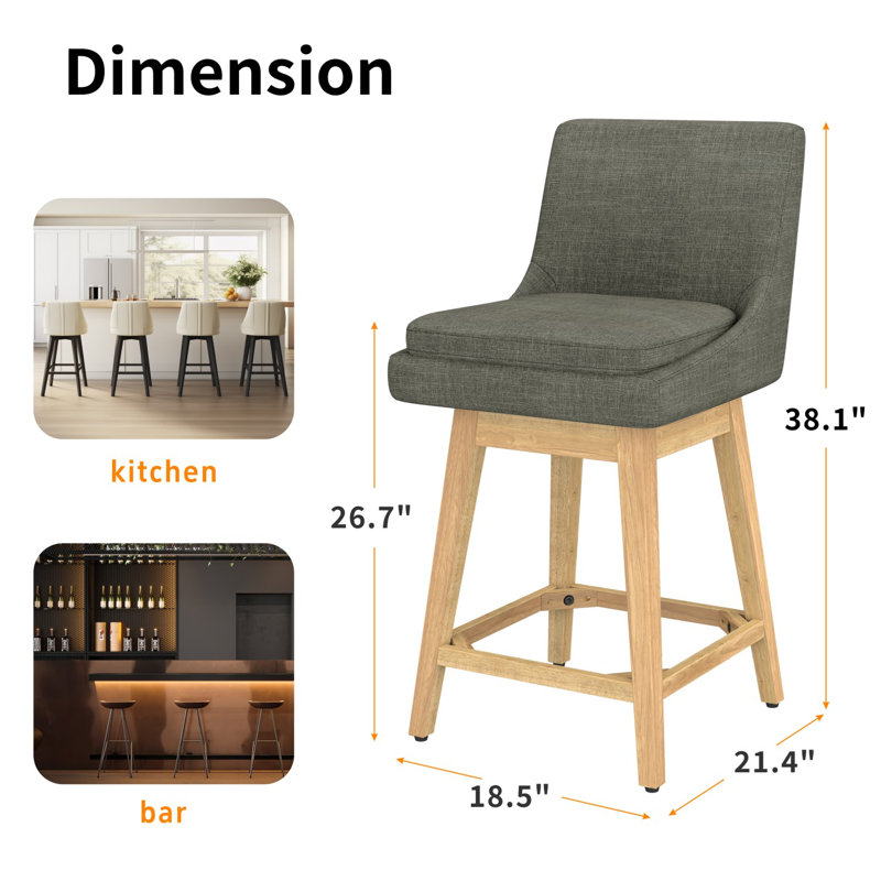 Revêtement pivotant en bois massif Malakeh, Gris foncé, Tabouret de comptoir (siège d'une hauteur de 26,7