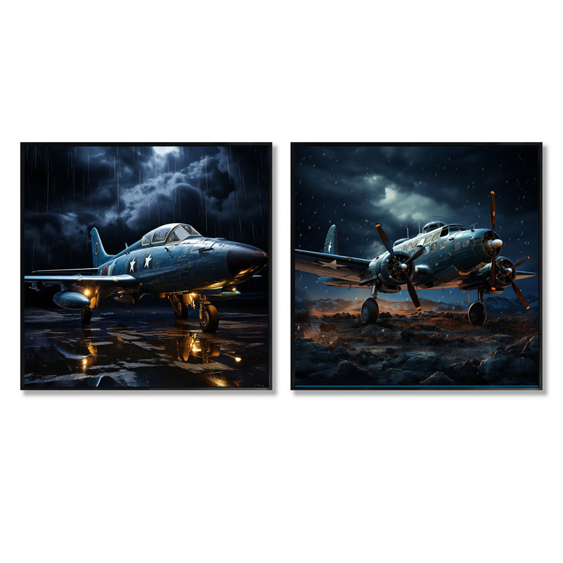 Avion militaire - Blue Thundering Skies - Ensemble de 2 carrés de collage militaire, Cadre flottant noir, H 16 po x l 33 po