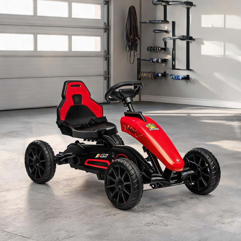 Kart à pédales pour enfants en rouge chaud avec siège réglable et roues amortissantes