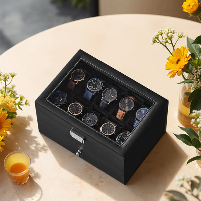 Boîte à montre 20 fentes, boîtier de montre avec couvercle en verre, 2 couches, vitrine verrouillable, idée cadeau, cuir synthétique noir