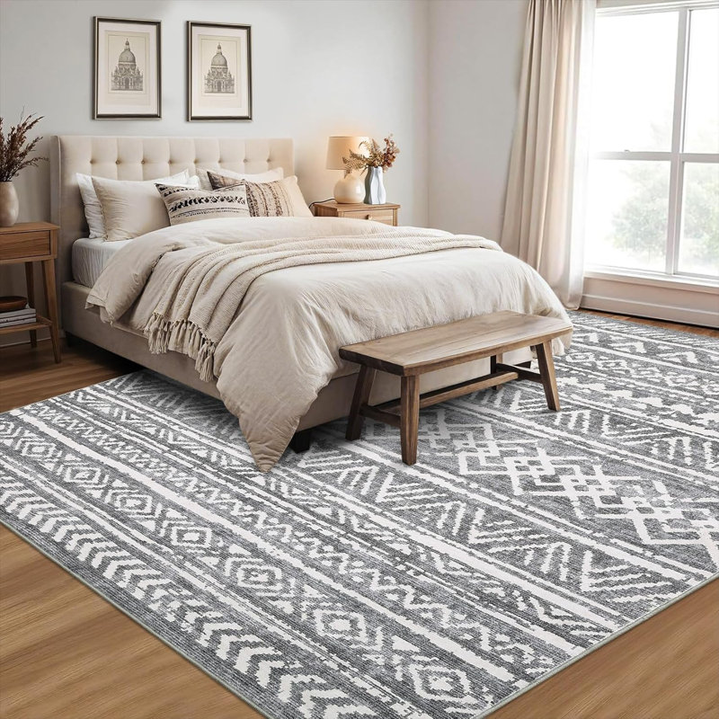 Washable Bedroom Rug Non-Slip Low Pile Stain-Resistant Soft Foldable Lightweight Modern Accent Rug Living Room Playroom Beige & Gray