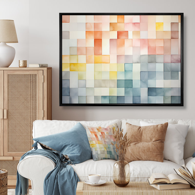 Motif de cubes multicolores II - art mural géométrique, H 16 po x l 32 po x P 1 po, Cadre flottant noir
