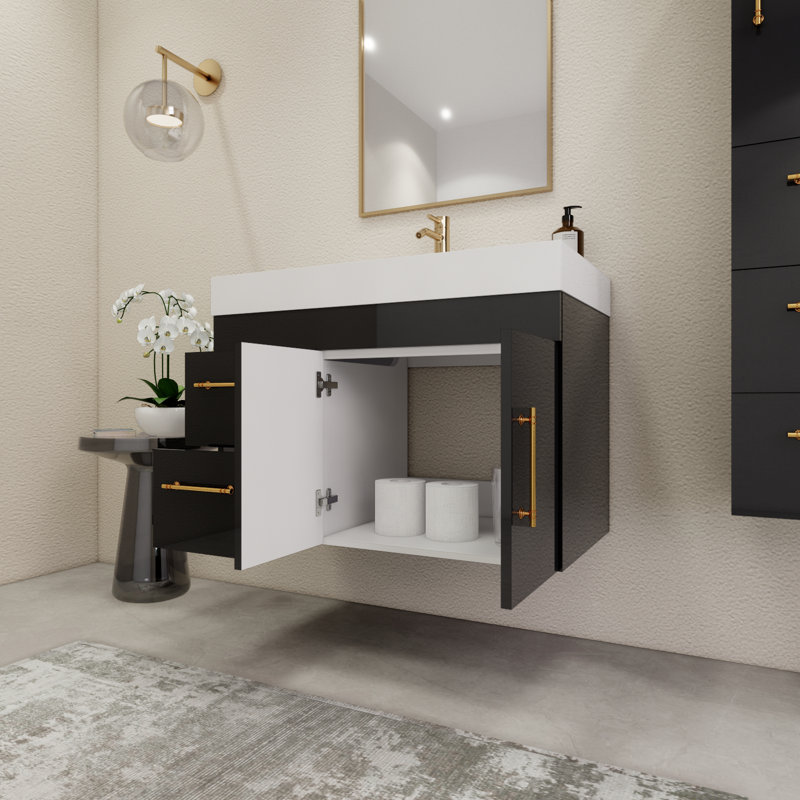 35.4" Wall-Mounted Single Bathroom Vanity Set, Glossy Black