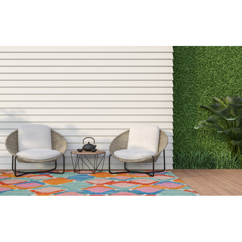 Archie-Lee Kivett Aqua and Orange Indoor Outdoor Machine Washable Area Rug, Rectangle 7' x 9'
