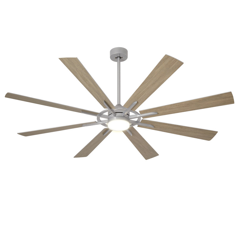 72 Inch Large Ceiling Fan with Light, Modern 8-Blade Silver and Wood Grain Indoor Outdoor Fans with Remote App Control Dimmable Light, Quiet DC Motor Reversible 6 Speed Timer