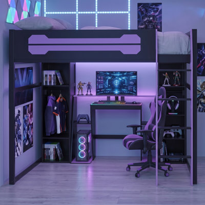 Lit mezzanine double avec bureau de jeu intégré, station de charge et éclairage DEL, conception à deux tons, style Esports, chambre d'enfant