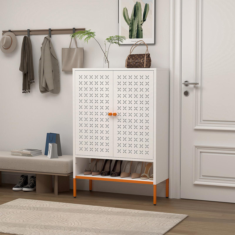Armoire à chaussures à double porte Grid, trois compartiments réglables pour un rangement flexible, compartiment à langer creux suspendu, conception inférieure à 15 cm résistante à l'humidité