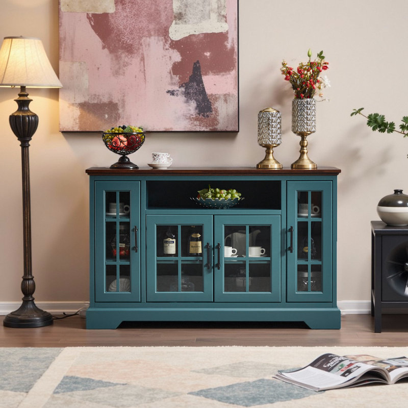 Buffet Table Sideboard with 4 Doors, Teal Blue