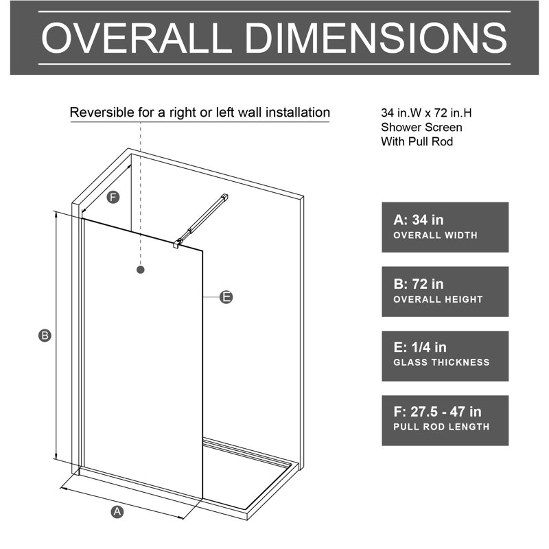 34 In W X 72 H Shower Door, Single Glass Panel, Black Gradient Tempered With Stainless Steel Rod, Simple Structure, Easy Installation, , Stain - , Extra Adjustable Aluminum Bar, Seamless Design Fixed