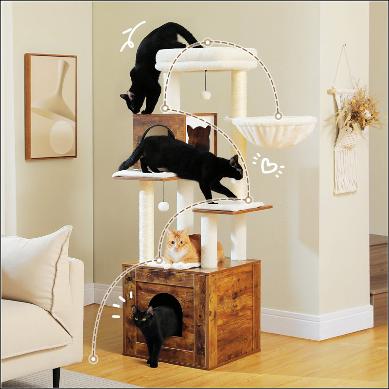57.5" Brown Wooden Cat Tree with Litter Box Enclosure