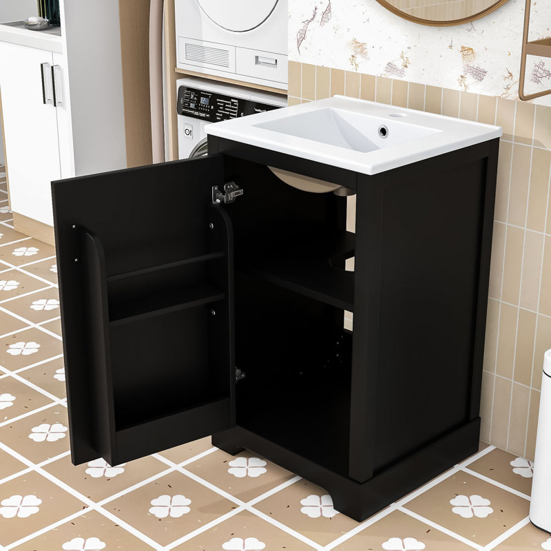 Meuble-lavabo de 20 po avec lavabo en céramique, support de rangement et tablette réglable, Noir