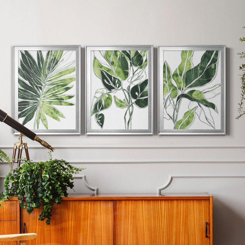 «Expressive Palm I», ensemble de 3 impressions sur toile encadrées, H 26,5 po x l 109,5 po x P 4,5 po, Argent