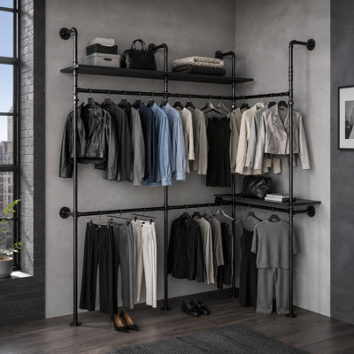 Industrial Wall-Mounted Garment Rack with LED Lights, 6 Hanging Rods and 3 Shelves, Corner or Straight Layout