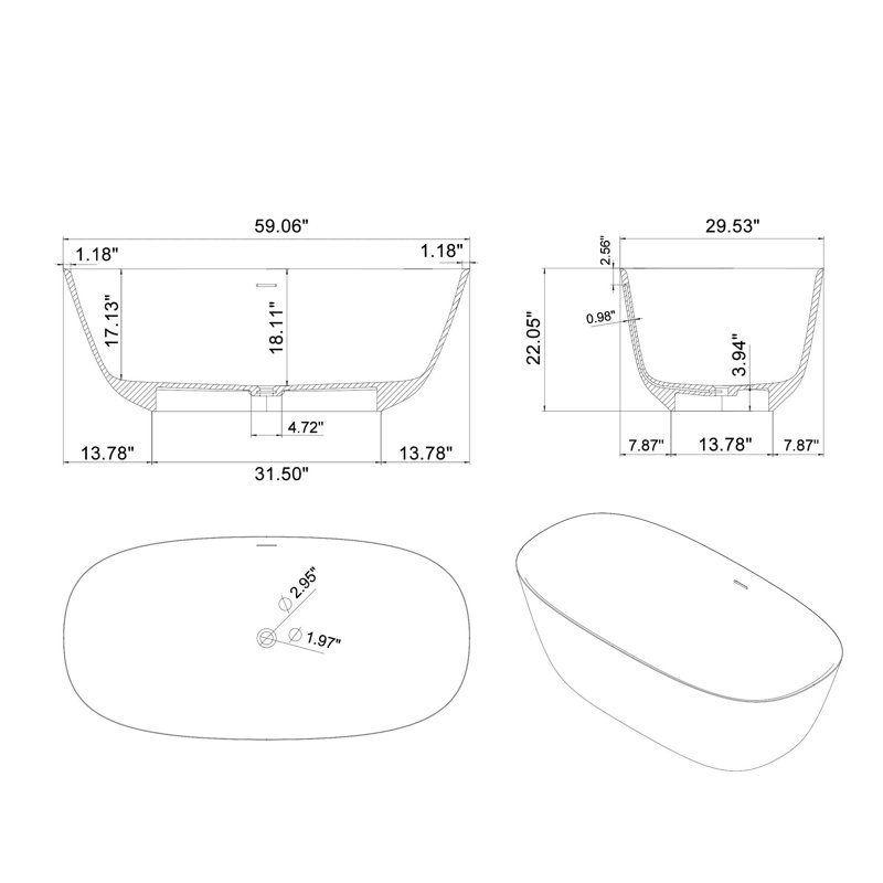 Freestanding Solid Surface Soaking Bathtub Matte White