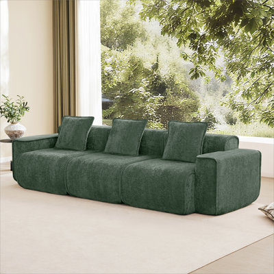 Streamlined Design Deep Seat Modular 3 Seat Boneless Sofa with French Edge Piping,No Assembly Required, Modern Modular 3-Seat Sofa Couch with Throw Pillows,Velvet Fabric Green