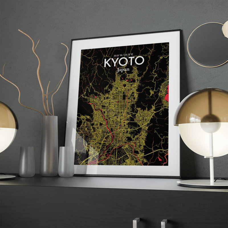 Kyoto City Map in Contrast 1 Piece Wall Art, 24cm H x 18cm W x 0.05cm D