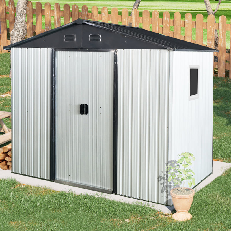 8Ft X 4Ft Metal Outdoor Shed For Backyard, Patio, Lawn. White And Black. Frame. Tilted Roof & Lockable Door. With Foundation Benefits 8X4 Ft Storage Shed. Stable Weather-. Includes Enhancements