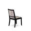 Ensemble de salle à manger 5 pièces comprenant une table avec plateau et 4 chaises empilables, revêtues d'un tissu polyester à motifs blancs et gris et de finitions noires brossées.-1873103970