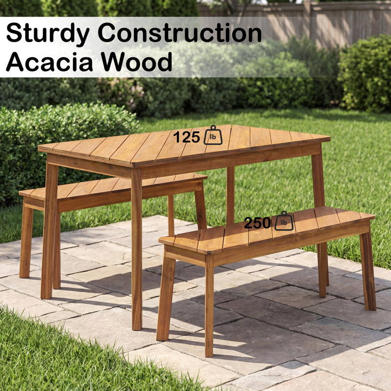 4-Person Acacia Wood Patio Dining Set For Outdoor & Indoor, With 2 Benches