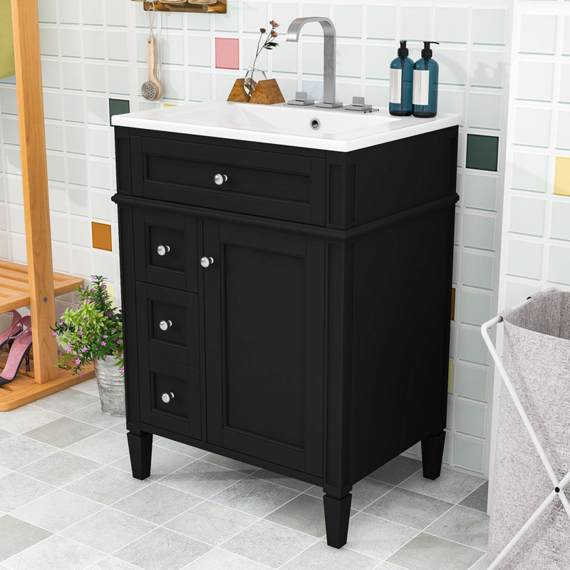 Meuble-lavabo de 24 po avec lavabo supérieur en céramique, armoire de rangement avec 3 tiroirs et tablette réglable, Noir