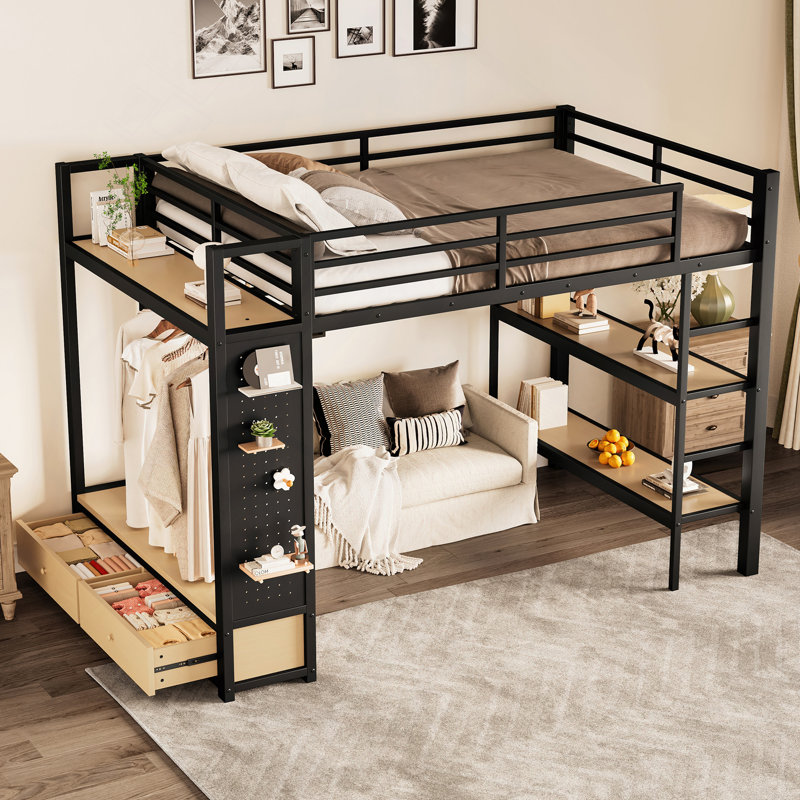 Structure de lit mezzanine avec garde-robe, lit mezzanine en métal avec tablettes de rangement et panneau perforé, Lit double