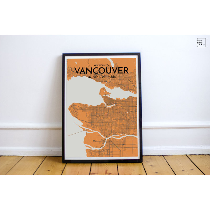 « vancouver city map », reproduction d’impression sur affiche en orange, H 17 po x l 11 po