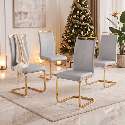 Modern Upholstered Faux Leather Cantilever Dining Chairs with Metal Base (Set of 4)